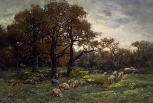 Sheperdess in a Forest at Dusk by Charles Emile Jacque Oil Painting