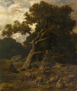 Shepherd and his Sheep in Fontaineblelau Forest by Charles Emile Jacque Oil Painting