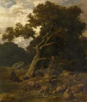 Shepherd and his Sheep in Fontaineblelau Forest by Charles Emile Jacque - Oil Painting Reproduction