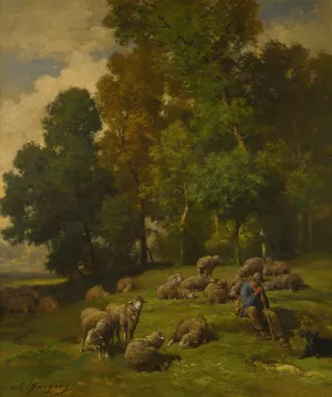 Shepherd In A Field With His Flock by Charles Emile Jacque Oil Painting