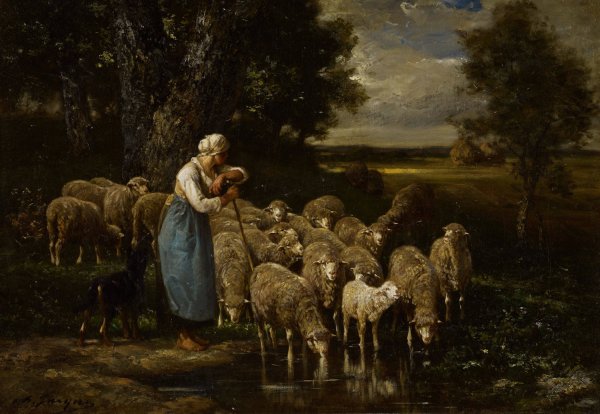 Main Product Photo of Shepherdess and Sheep, Fontainebleau  Painting by Charles Emile Jacque