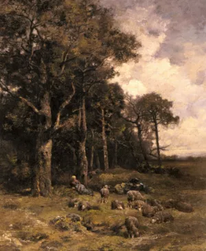 Shepherdess Resting With Her Flock by Charles Emile Jacque - Oil Painting Reproduction