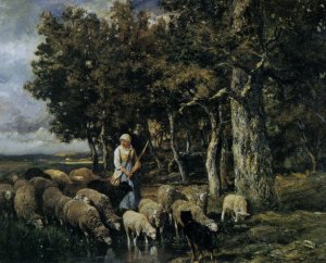 Shepherdess Watering Flock