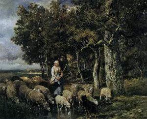 Shepherdess Watering Flock by Charles Emile Jacque - Oil Painting Reproduction