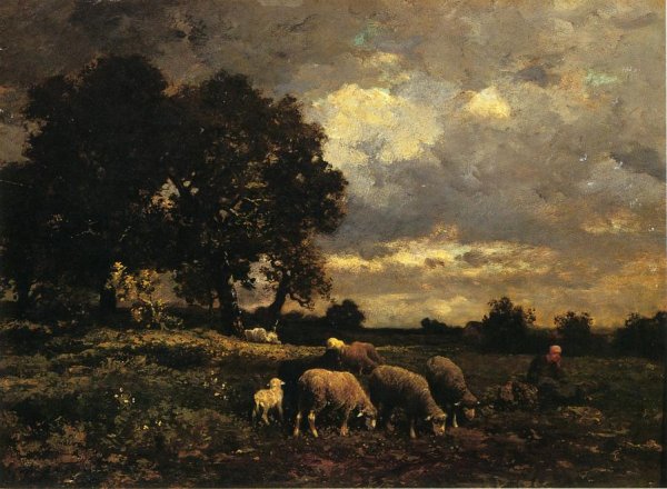 Main Product Photo of Tending the Flock Painting by Charles Emile Jacque