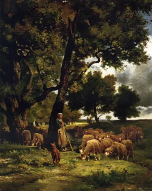 The Shepherdess and Her Flock painting by Charles Emile Jacque