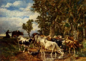 Troupeau De Vaches A L'Abreuvoir by Charles Emile Jacque - Oil Painting Reproduction