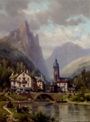 An Agler Before an Alpine Riverside Town painting by Charles Euphrasie Kuwasseg