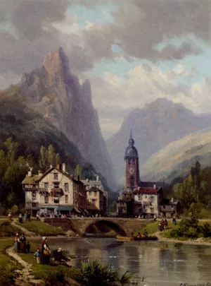 An Agler Before an Alpine Riverside Town Oil Painting by Charles Euphrasie Kuwasseg - Bestsellers