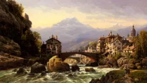 An Alpine Village by Charles Euphrasie Kuwasseg Oil Painting