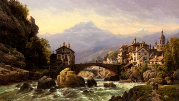 Main Product Photo of An Alpine Village Painting by Charles Euphrasie Kuwasseg