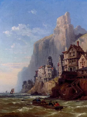Rowing Out at a Coastal Town Oil painting by Charles Euphrasie Kuwasseg