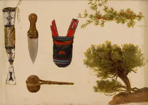 Studies of Beaded Scabbard and Knife, Decorated Pouch, Stone Axe, Branch of Bull Berry, and Hill Sage by Charles Ferdinand Wimar Oil Painting