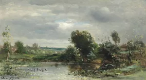 Ducklings On A Lake Oil painting by Charles Francois Daubigny