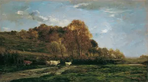 Herbstliche Aulandschaft Abendstimmung Oil painting by Charles Francois Daubigny