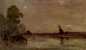 L'Abreuvoir, Effet De Lune by Charles-Francois Daubigny Oil Painting