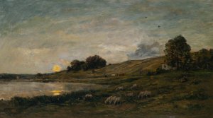Troupeau de moutons au bord de la riviere by Charles Francois Daubigny Oil Painting