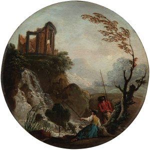 A couple fishing at the base of a waterfall, with ruins above by Charles-Francois Grenier De Lacroix Oil Painting