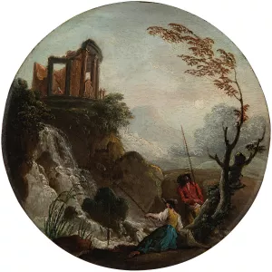 A couple fishing at the base of a waterfall, with ruins above by Charles-Francois Grenier De Lacroix Oil Painting