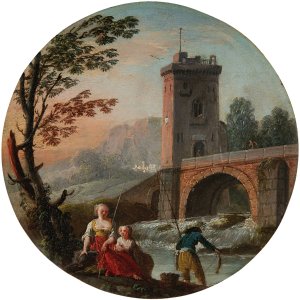 A fisherman and family beneath a bridge by Charles-Francois Grenier De Lacroix Oil Painting
