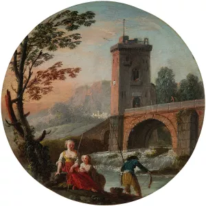 A fisherman and family beneath a bridge by Charles-Francois Grenier De Lacroix Oil Painting