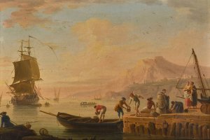 A Mediterranean harbour scene with fishermen unloading their boats by Charles-Francois Grenier De Lacroix Oil Painting