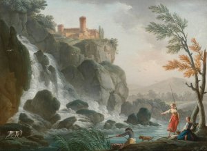 Fishing At The Edge Of A River With A Waterfall, Below A Castle by Charles-Francois Grenier De Lacroix Oil Painting