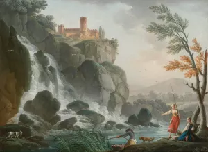 Fishing At The Edge Of A River With A Waterfall, Below A Castle by Charles-Francois Grenier De Lacroix Oil Painting