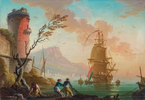 Fishing Scene In A Harbor by Charles-Francois Grenier De Lacroix Oil Painting