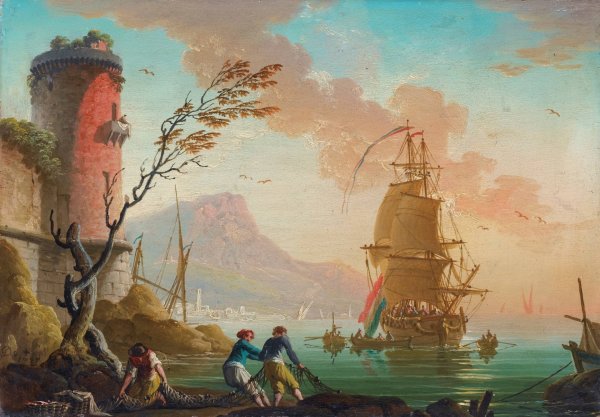Fishing Scene In A Harbor  by Charles-Francois Grenier De Lacroix - Hand-Painted Oil Painting Reproduction