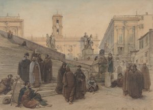 The Campidoglio seen from the Staircase of the Church of the Aracoeli, Rome, at Sunset by Charles-Francois Houel Oil Painting