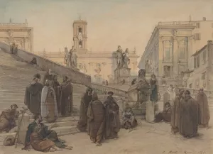 The Campidoglio seen from the Staircase of the Church of the Aracoeli, Rome, at Sunset by Charles-Francois Houel Oil Painting