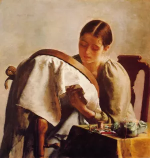 Young Girl Embroidering by Charles Frederic Ulrich Oil Painting