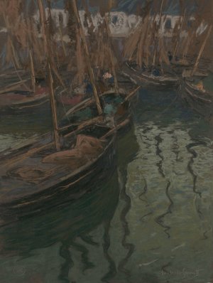 A Dock Harmony-Fishing Boats by Charles Fromuth Oil Painting