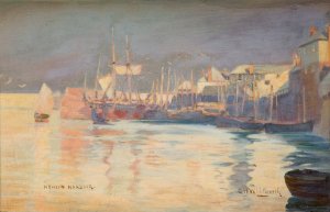 Newlyn Harbour by Charles H Whitworth Oil Painting