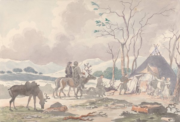 Tongusian Raindeer Breeders Erecting Their Tent for the Night by Charles Hamilton Smith - Hand-Painted Oil Painting Reproduction