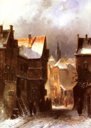A Dutch Town in Winter by Charles Henri Joseph Leickert Oil Painting