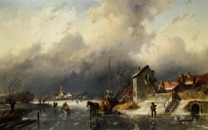 A Frozen River Landscape with a Horsedrawn Sleigh by Charles Henri Joseph Leickert Oil Painting