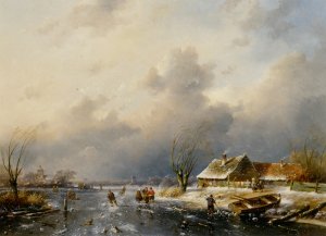 A Frozen Waterway with Skaters by a Cottage
