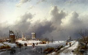 A Frozen Winter Landscape With Skaters by Charles Henri Joseph Leickert Oil Painting