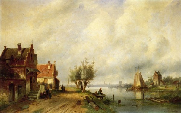 A River Landscape in Summer with Peasants Conversing by Old House