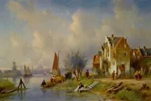 A Summer Landscape with Figures on a Riverbank by Charles Henri Joseph Leickert - Oil Painting Reproduction