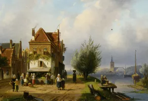 A Town View with Figures by a Market Street Stall by Charles Henri Joseph Leickert Oil Painting