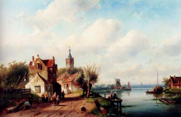 Main Product Photo of A Village Along A River, A Town In The Distance Painting by Charles Henri Joseph Leickert