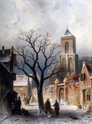 A Village Snow Scene by Charles Henri Joseph Leickert Oil Painting