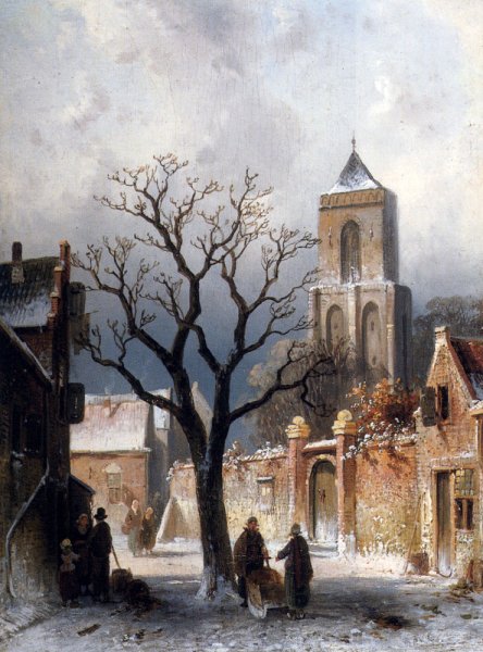 Main Product Photo of A Village Snow Scene Painting by Charles Henri Joseph Leickert