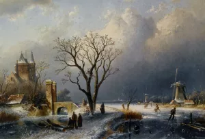 A Winter Landscape with Figures near a Castle Oil painting by Charles Henri Joseph Leickert