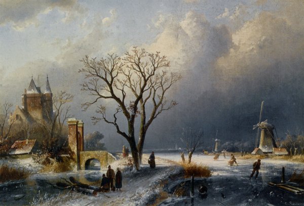 Main Product Photo of A Winter Landscape with Figures near a Castle Painting by Charles Henri Joseph Leickert