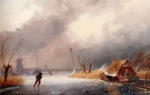A Winter Landscape with Skaters on a Frozen Waterway by Charles Henri Joseph Leickert Oil Painting
