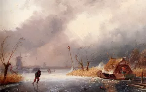 A Winter Landscape with Skaters on a Frozen Waterway Oil painting by Charles Henri Joseph Leickert